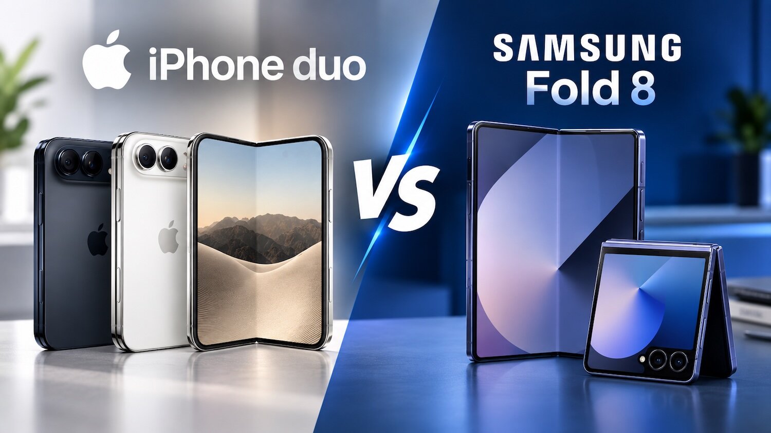 Apple Iphone DUO max vs Samsung Fold 8 sur fond bleu