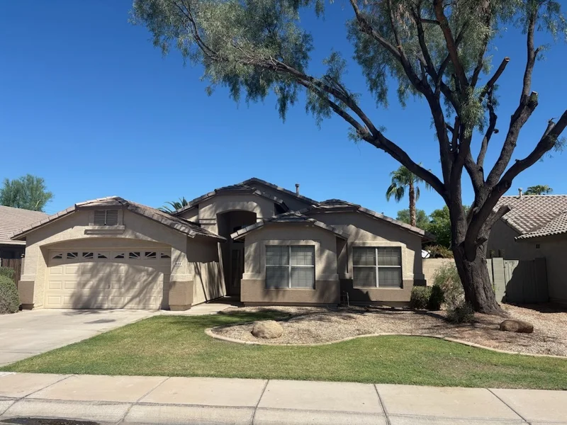Residential home and mature shade tree viewed from the street