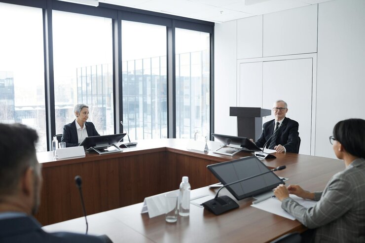 Business meeting in a modern conference room.