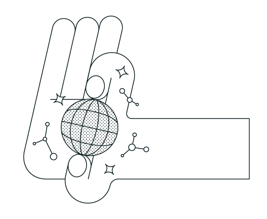 illustration of a stylized hand holding a globe between two fingers with some sparkles around it