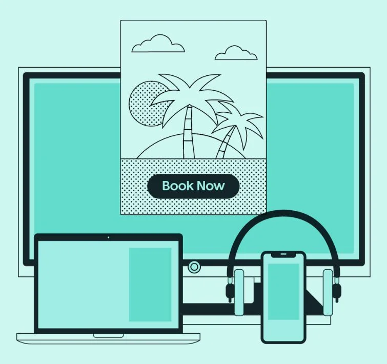 Illustrated laptop, TV, mobile and audio advertising channels