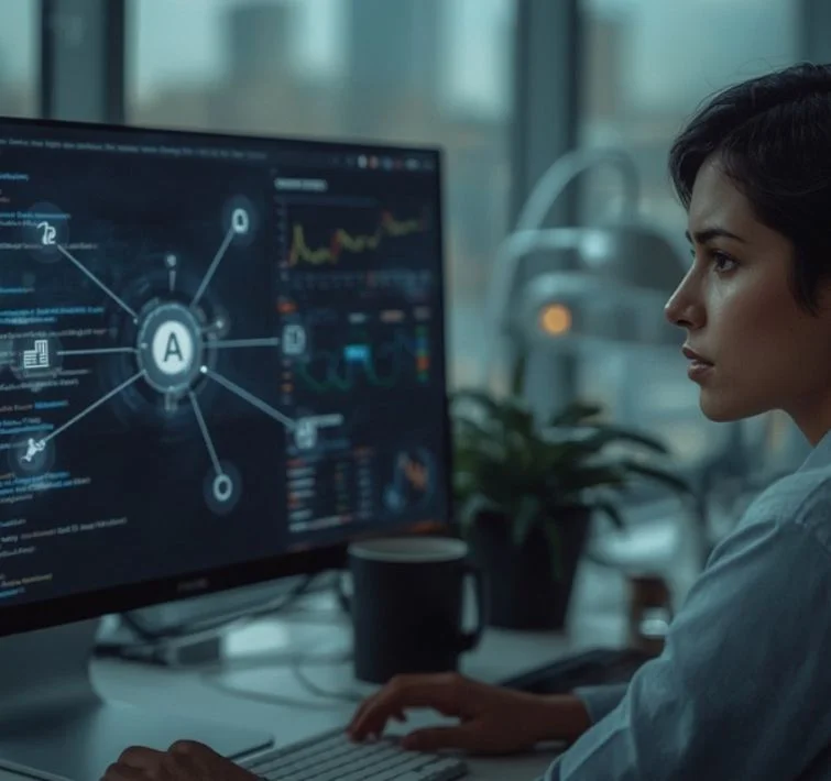 Woman works on a desktop screen