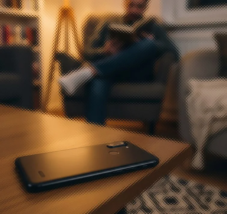 phone screen side down with person in background reading a book