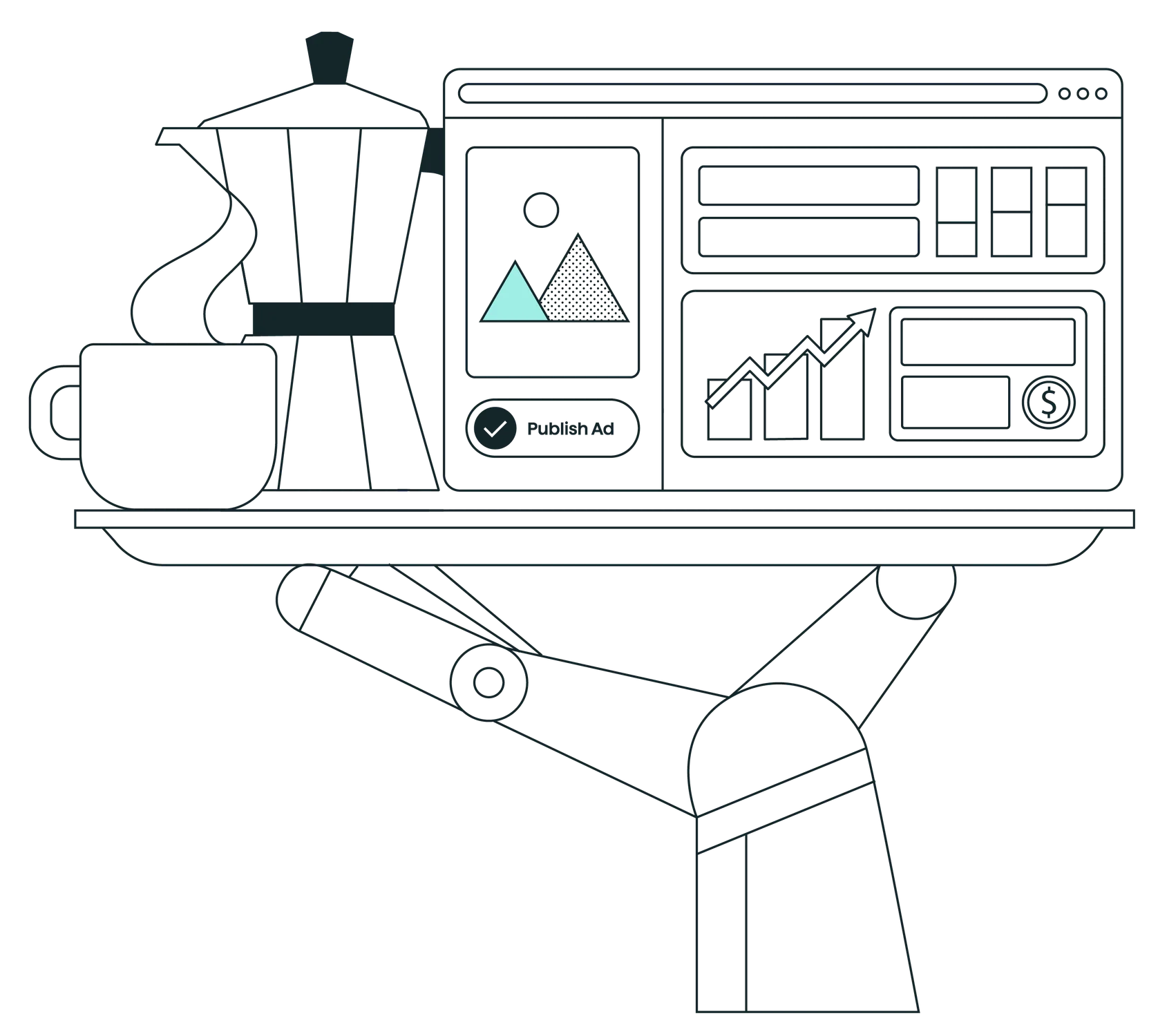 Illustration of robotic hand holding a coffee station and a mock platform UI