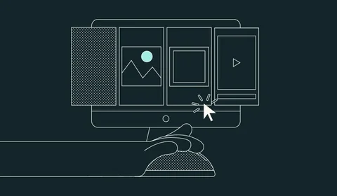 Illustration of hand on mouse, browsing a laptop