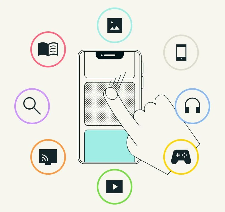 Illustration of a hand on a mobile with omnichannel icons 