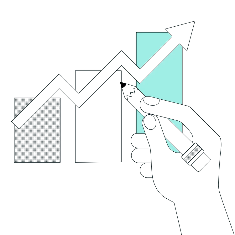 Illustration of a hand holding a pencil over a line and bar chart that's trending upwards