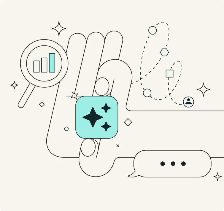 Illustration of a robotic hand holding up an analytics dashboard