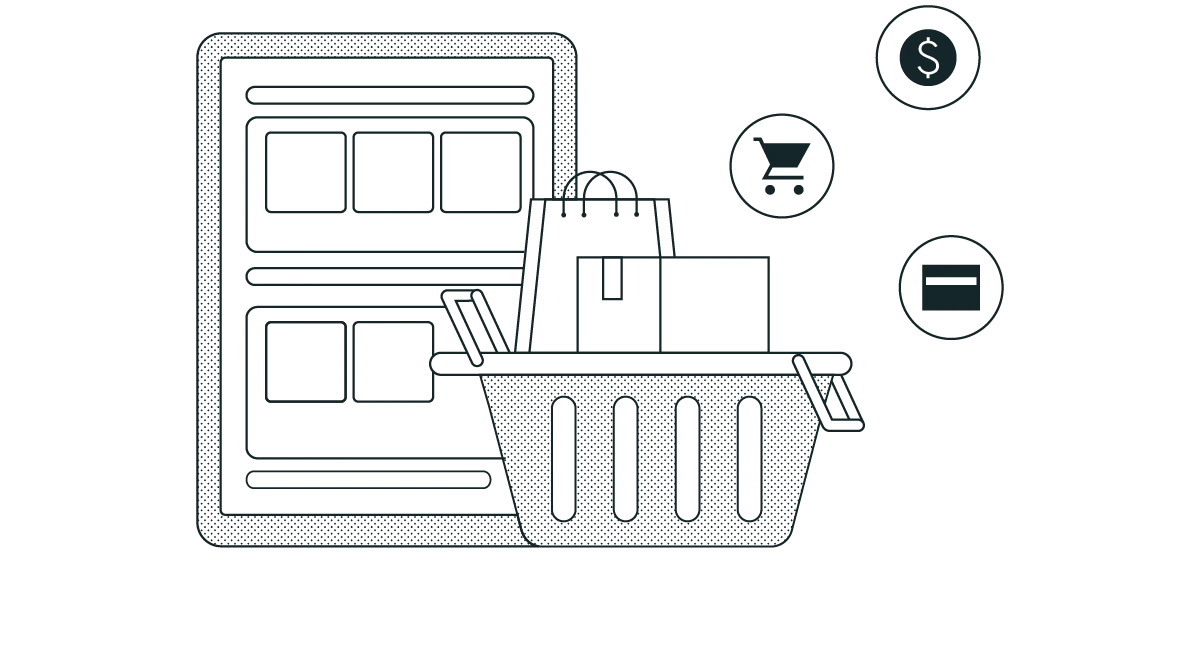 illustration of a shopping basket, shopping bag, delivery box and a screen displaying products