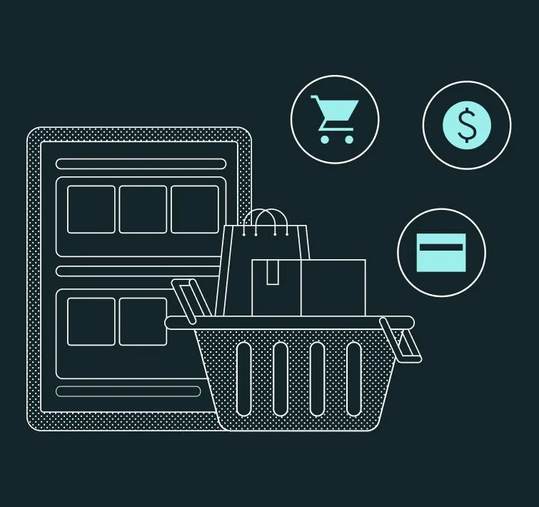 Illustration of a shopping basket with a tablet behind showing a website and icons displayed around 