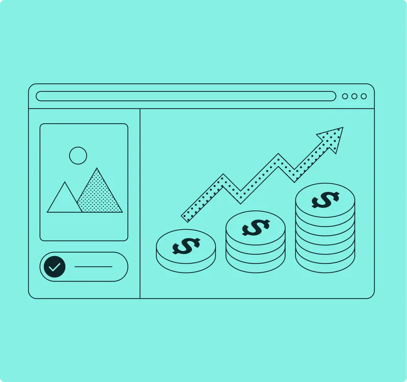 Illustration of hand holding an AI sparkle icon button with charts and graphics surrounding