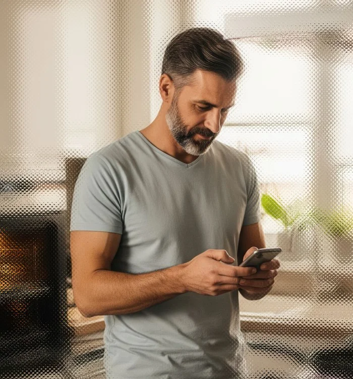 Image of a man in a kitchen looking at a phone