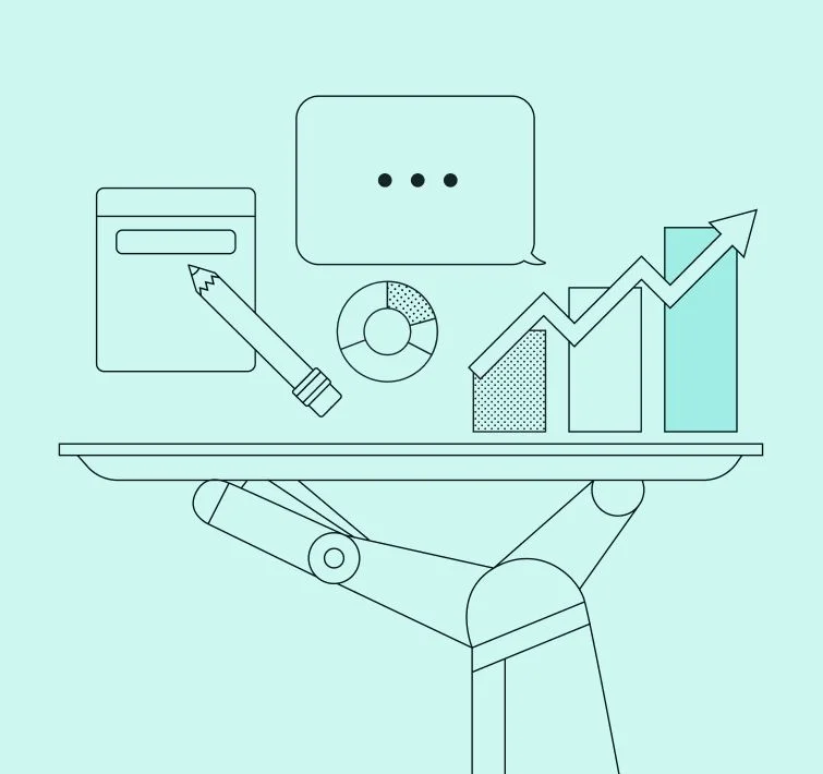 Illustration of a robotic hand holding up an analytics dashboard