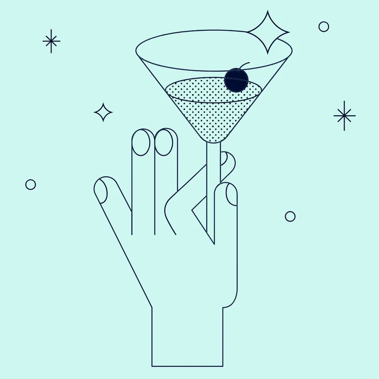 Illustration of robotic hand holding a coffee station and a mock platform UI