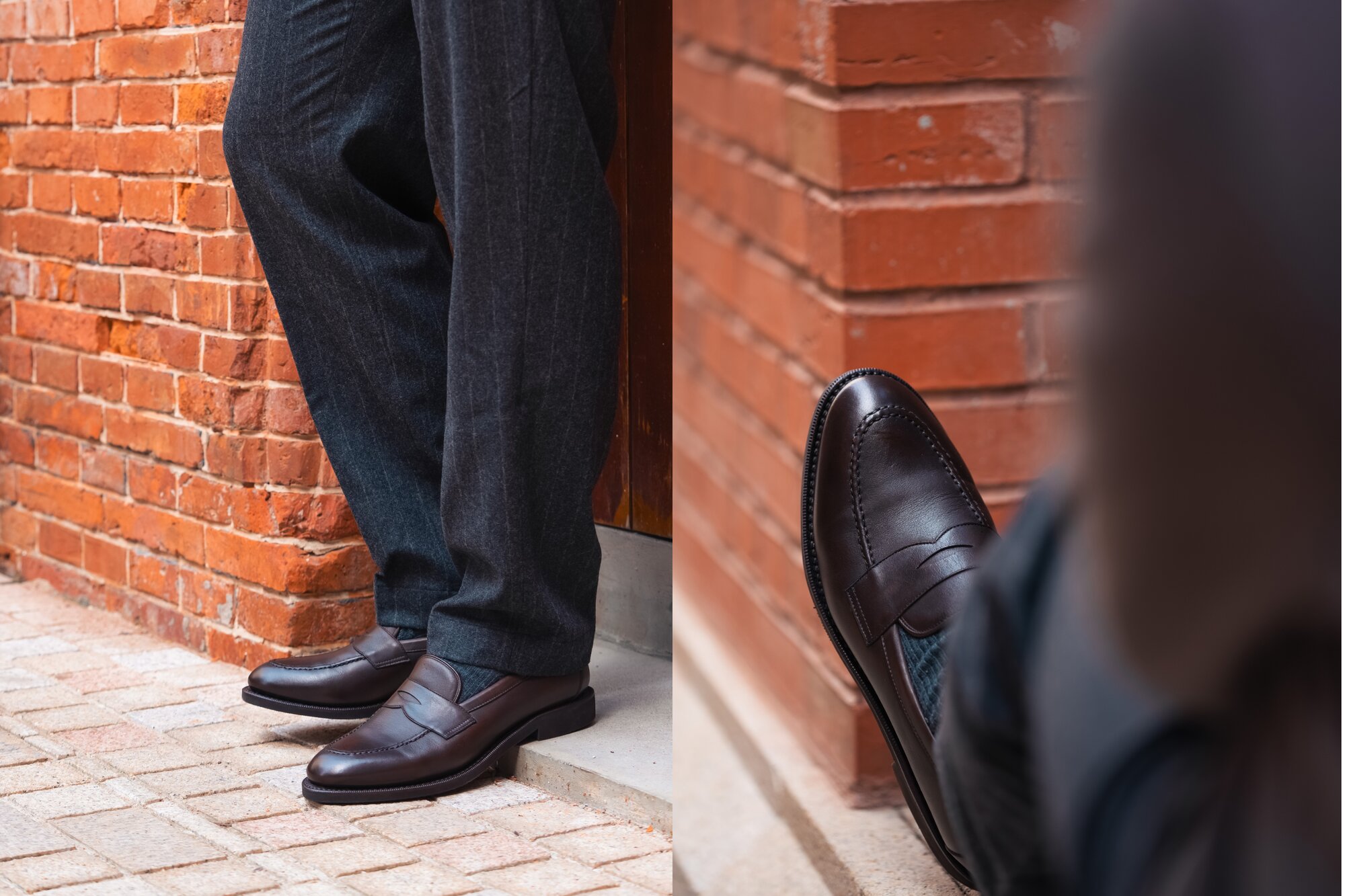 Brown leather penny loafers worn with navy pinstripe trousers, showcasing timeless craftsmanship for the new season.