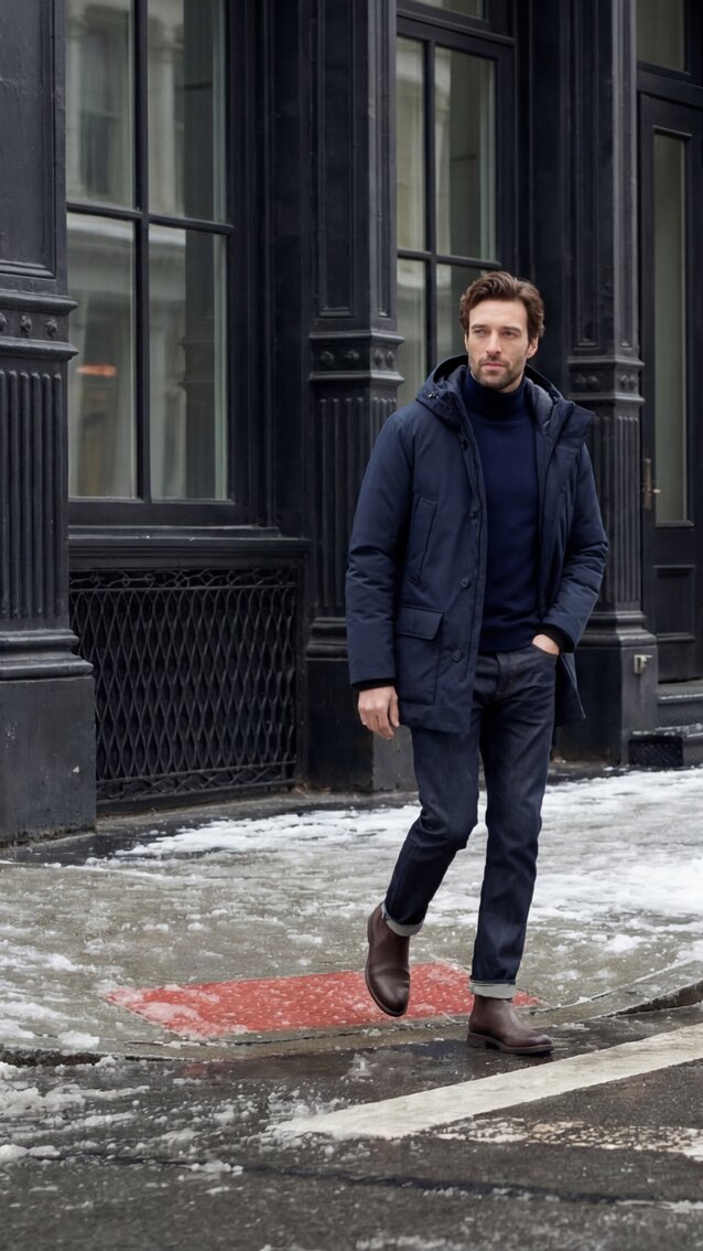 A man walking in a snow-covered sidewalk wearing a navy parka and waxed chelsea boots