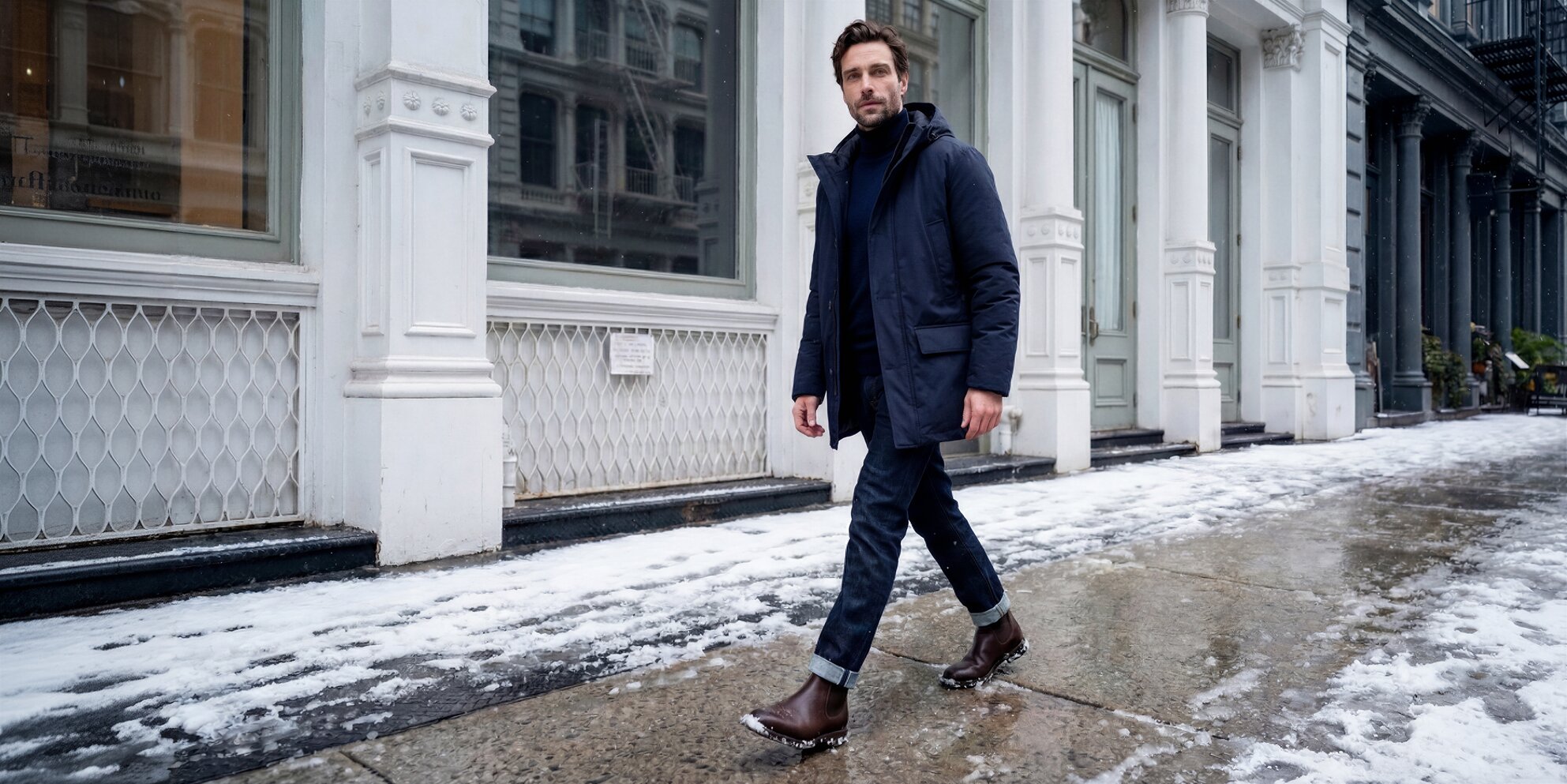 A man walking in a snow covered sidewalk wearing a pair of jeans, navy parka and a pair of brown waxy calf chelseas.