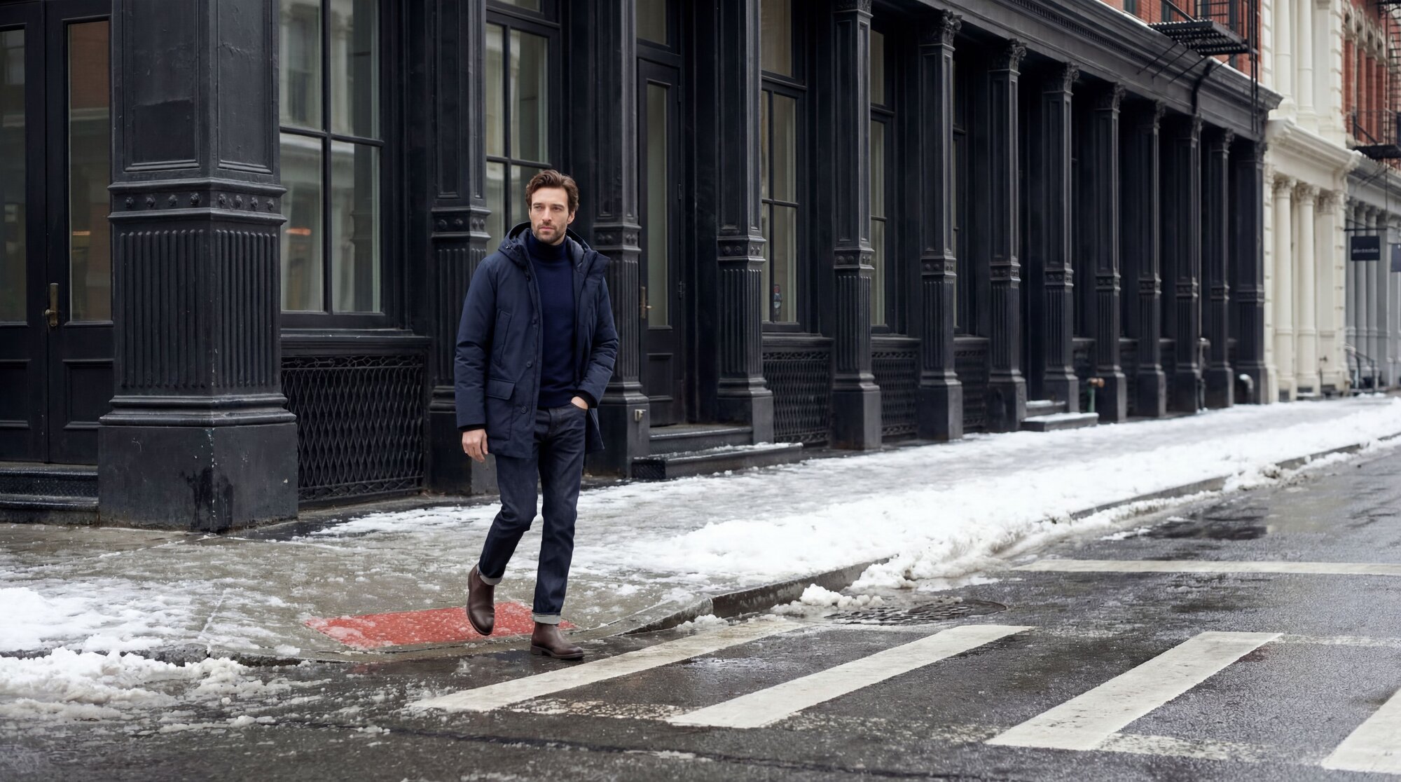 A man walking in a snow-covered sidewalk wearing a navy parka and waxed chelsea boots