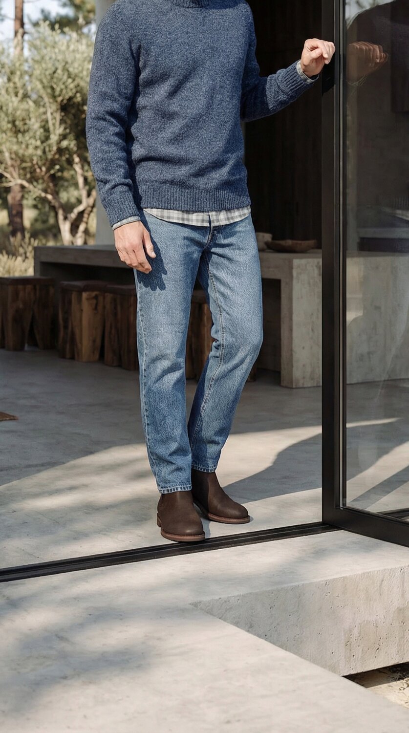 Mean wearing blue wool sweater, mid blue denim and rust waxy commander chelsea boots standing next to a window.