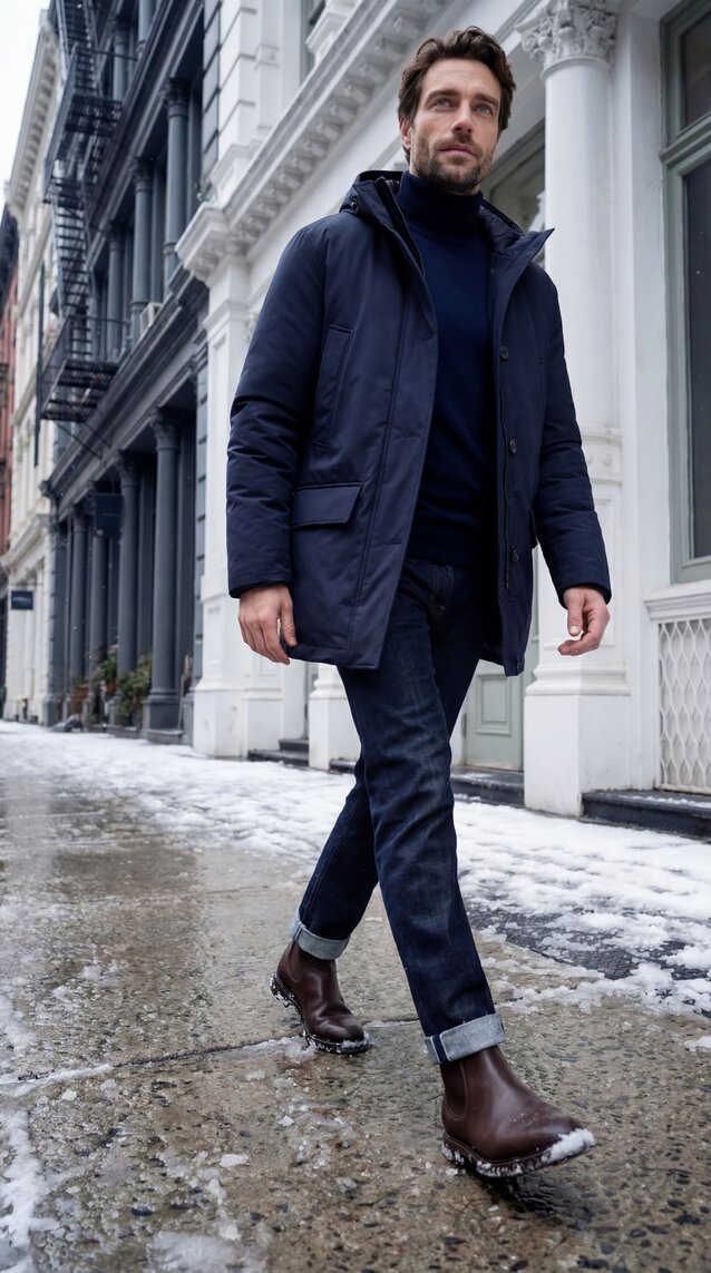 A man walking in a snow covered sidewalk wearing a pair of jeans, navy parka and a pair of brown waxy calf chelseas.