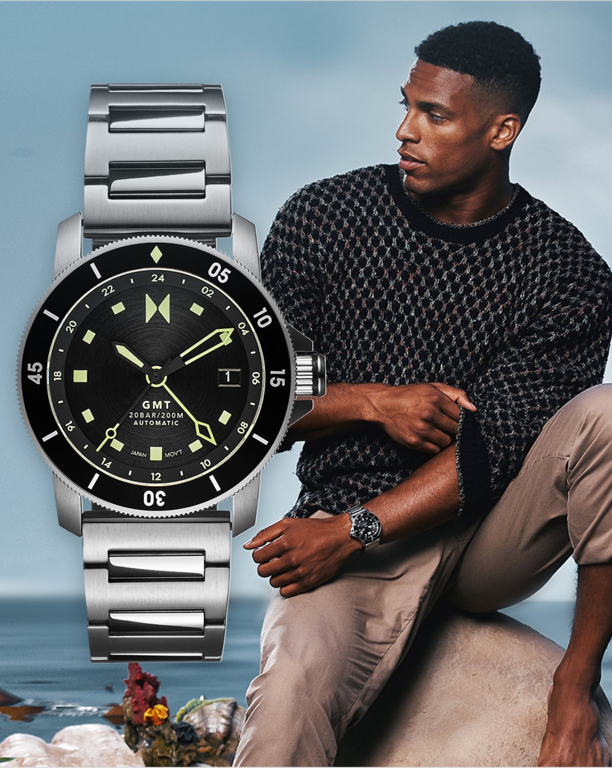 MVMT cali diver silver and black watch on model
