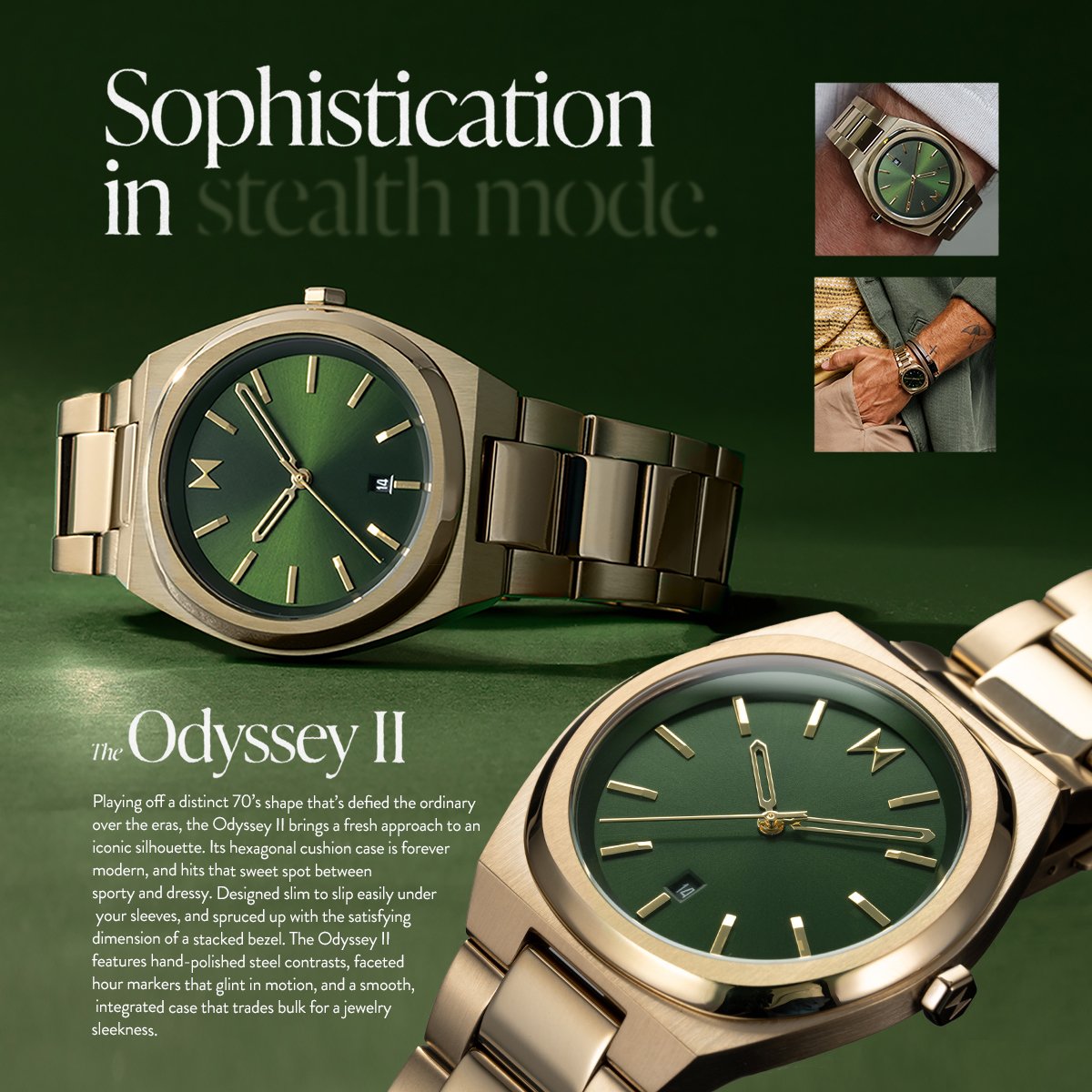 MVMT Odyssey II watch in gold with green face