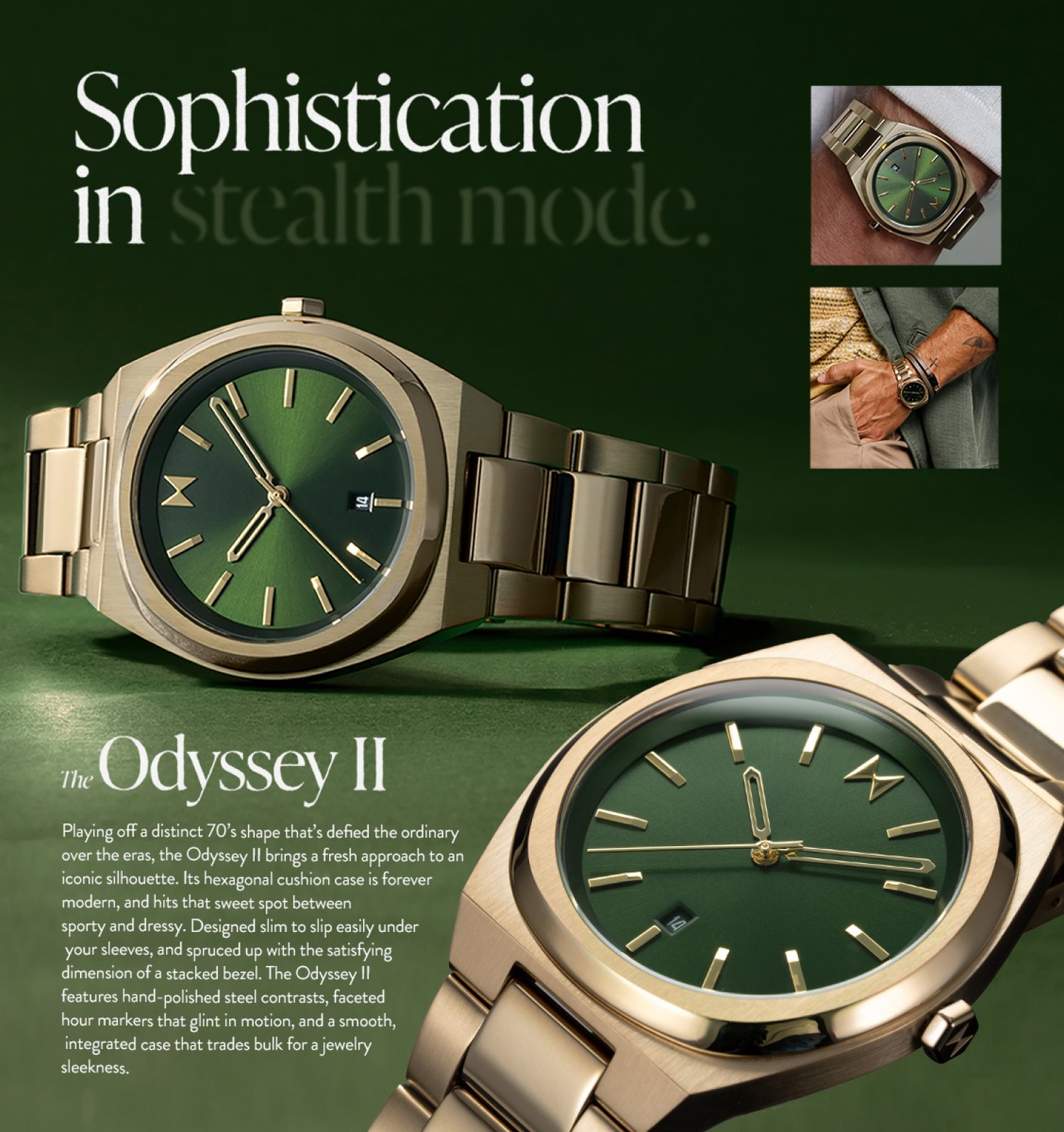 MVMT Odyssey II watch in gold with green face