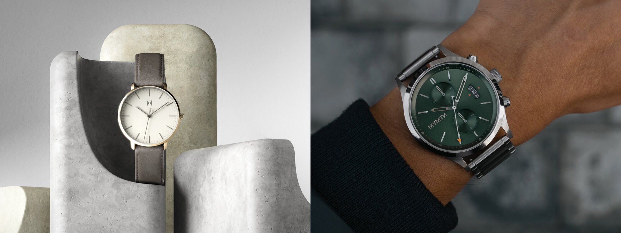 MVMT 3 watches - black watch watch underwater, white watch on wrist, black watch on hiker