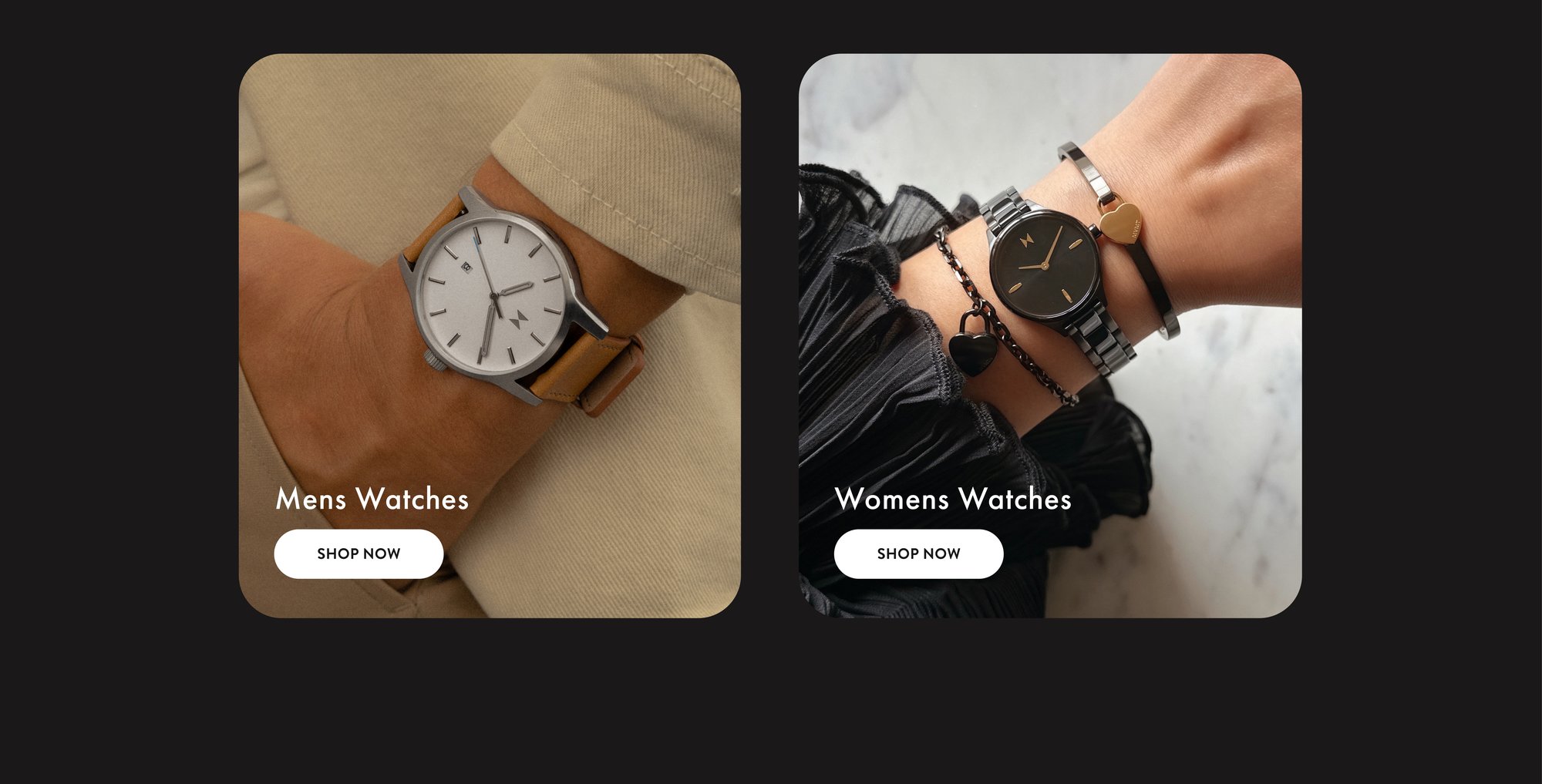 MVMT men's + women's watches on wrist