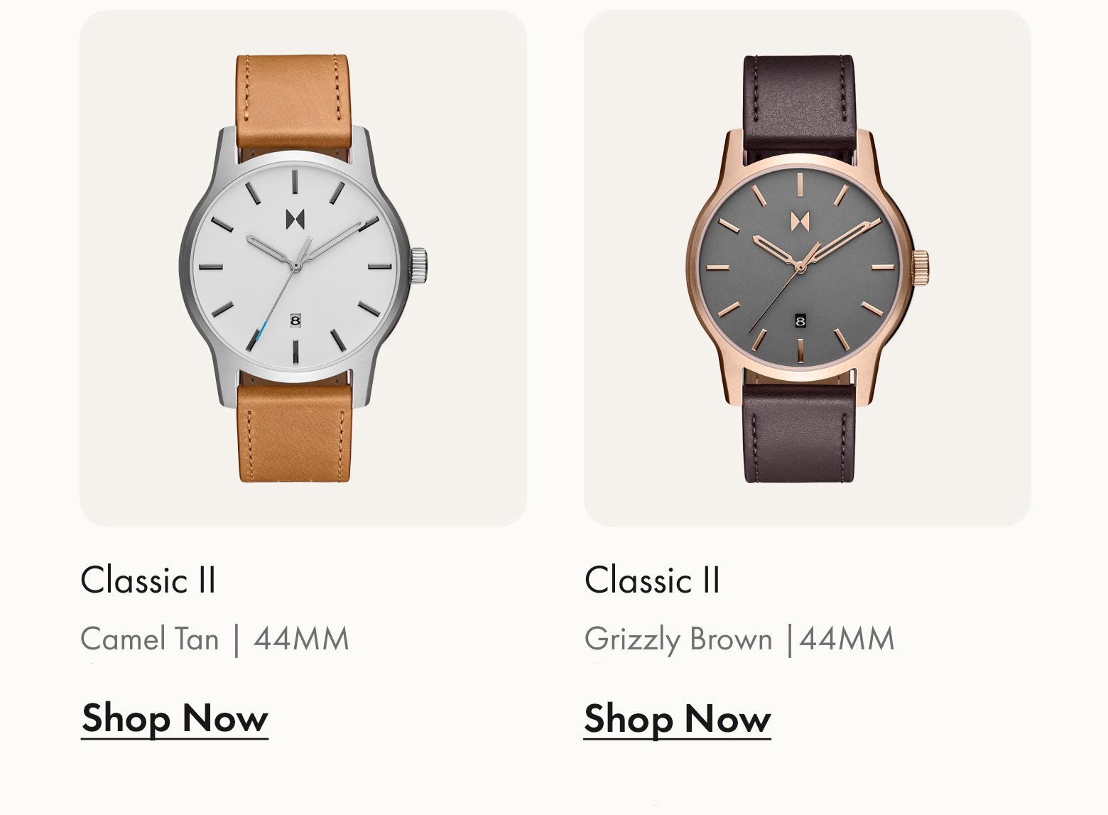 MVMT Classic II watches in Camel Tan and Grizzly Brown