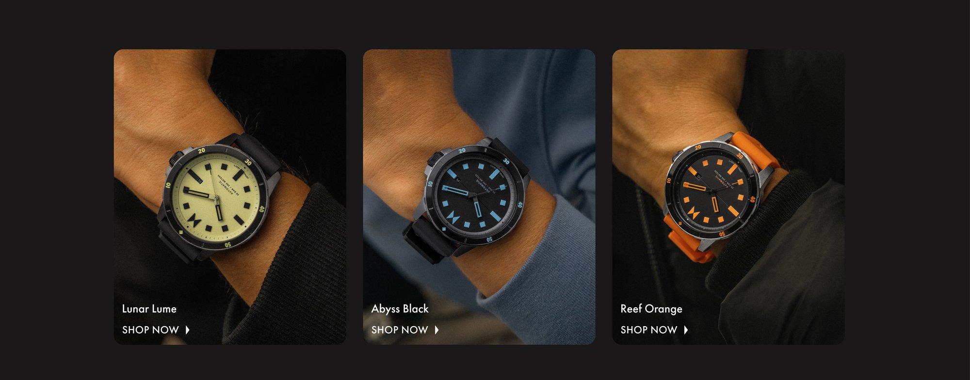 MVMT minimal sport watches in lunar lume, abyss black, and reef orange