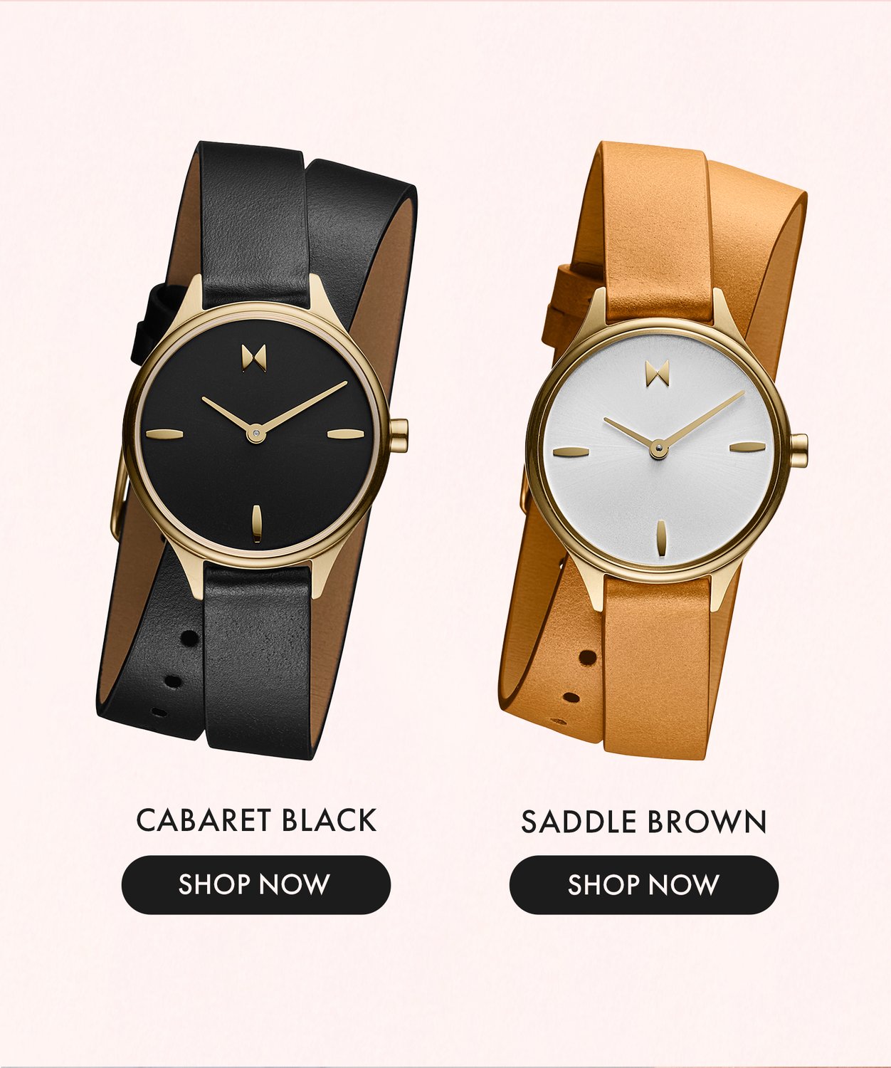 MVMT Reina Leather watches in Cabaret Black and Saddle Brown colors