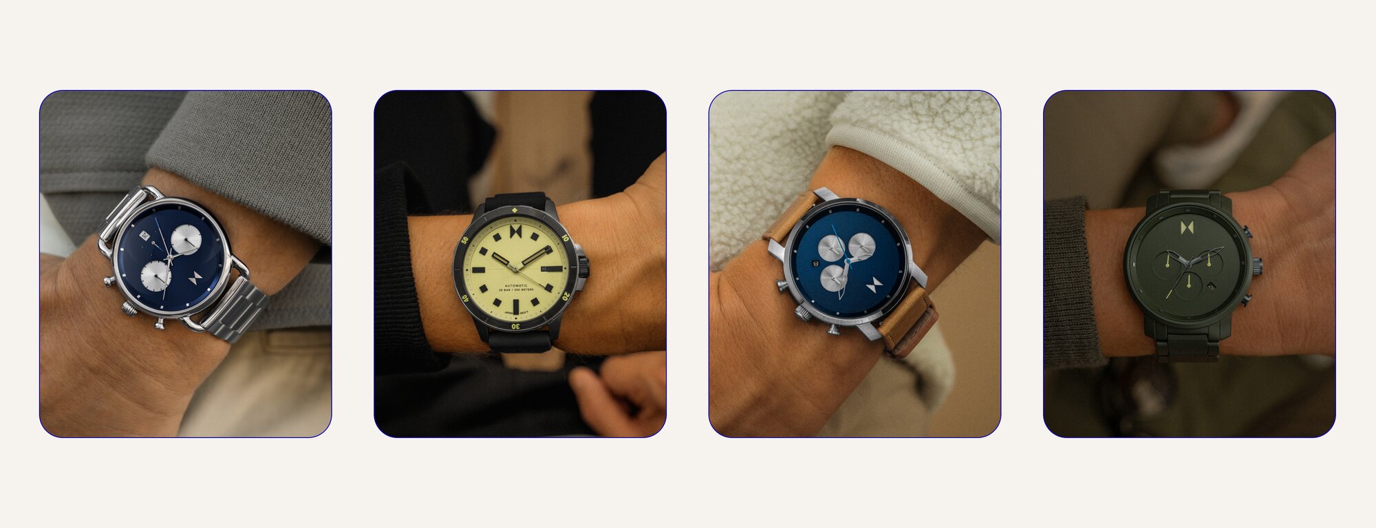 MVMT 3 watches - black watch watch underwater, white watch on wrist, black watch on hiker