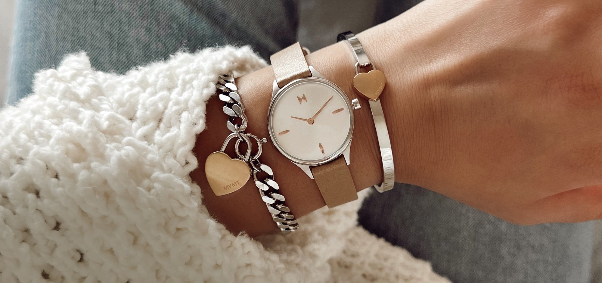MVMT Reina watch and 2 bracelets on wrist