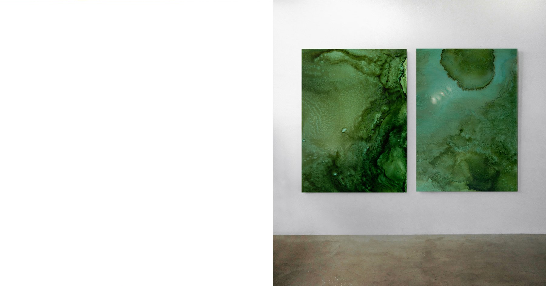 Kim Rose's 2 artworks in green hanging up on wall