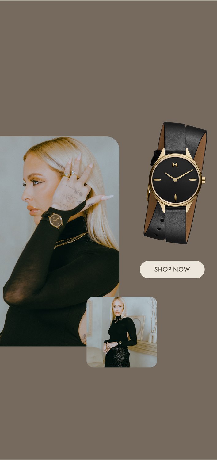 Maeve wearing black outfit with black Reina leather MVMT watch