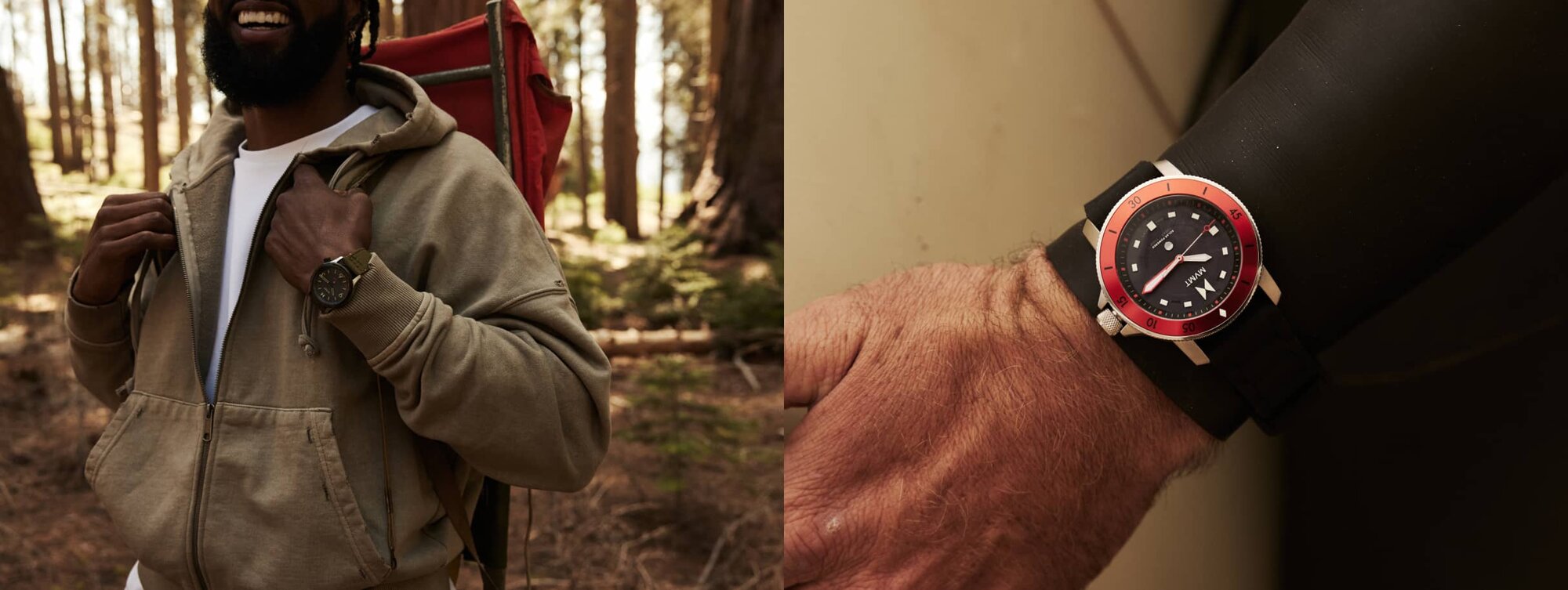 MVMT 3 watches - black watch watch underwater, white watch on wrist, black watch on hiker