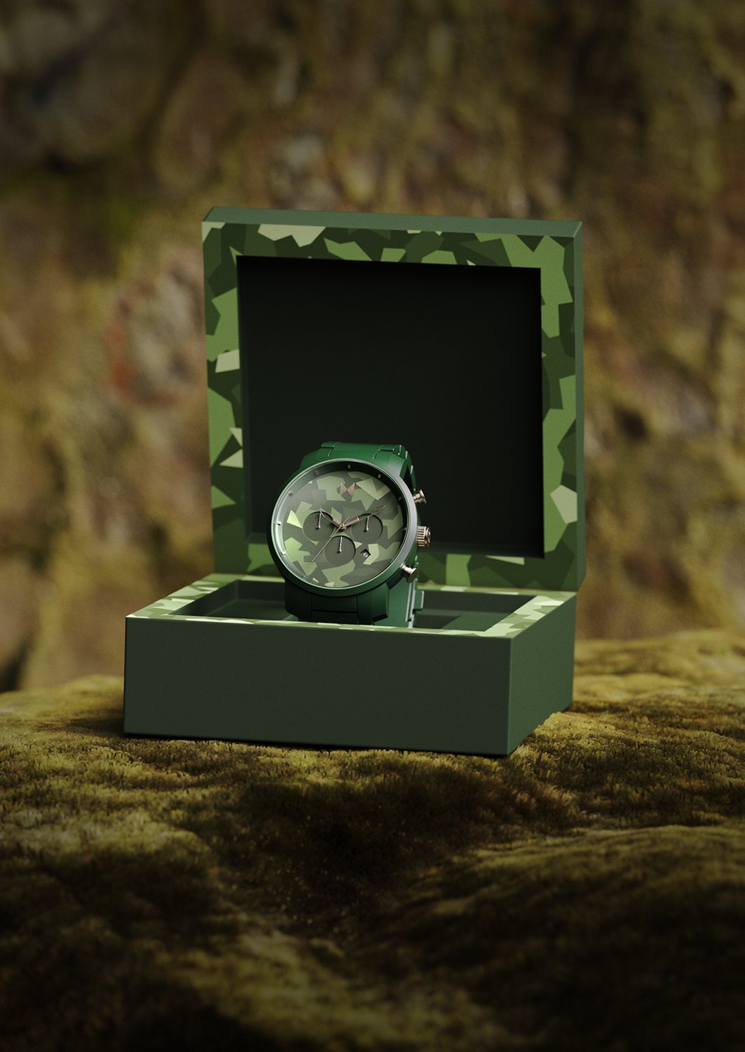 MVMT matte green ceramic chronograph watch