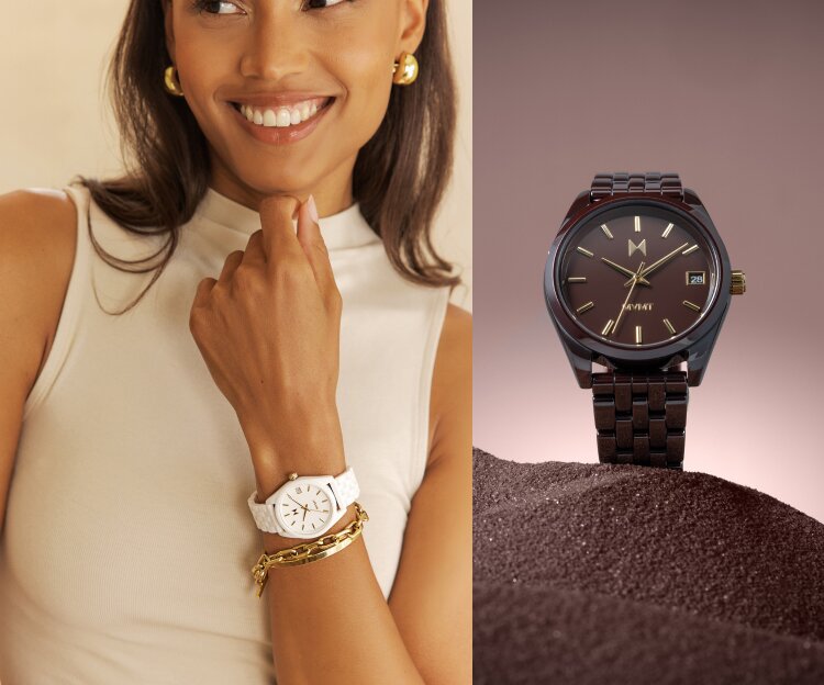 MVMT 3 watches - black watch watch underwater, white watch on wrist, black watch on hiker