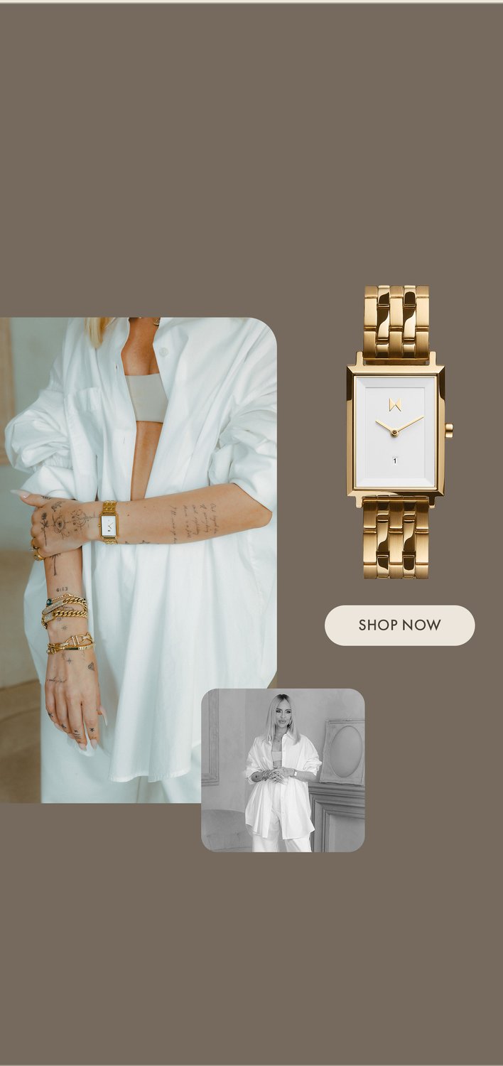 MVMT Charlie Gold signature square watch on Maeve Reilly wearing a white outfit