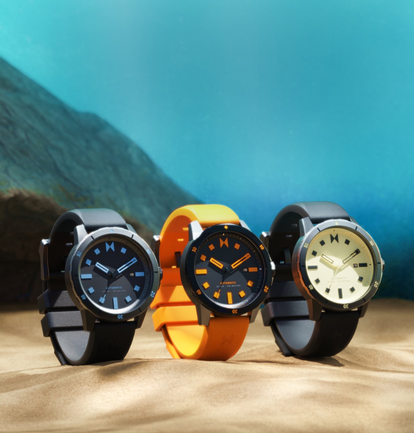 3 MVMT Minimal Sport watches underwater