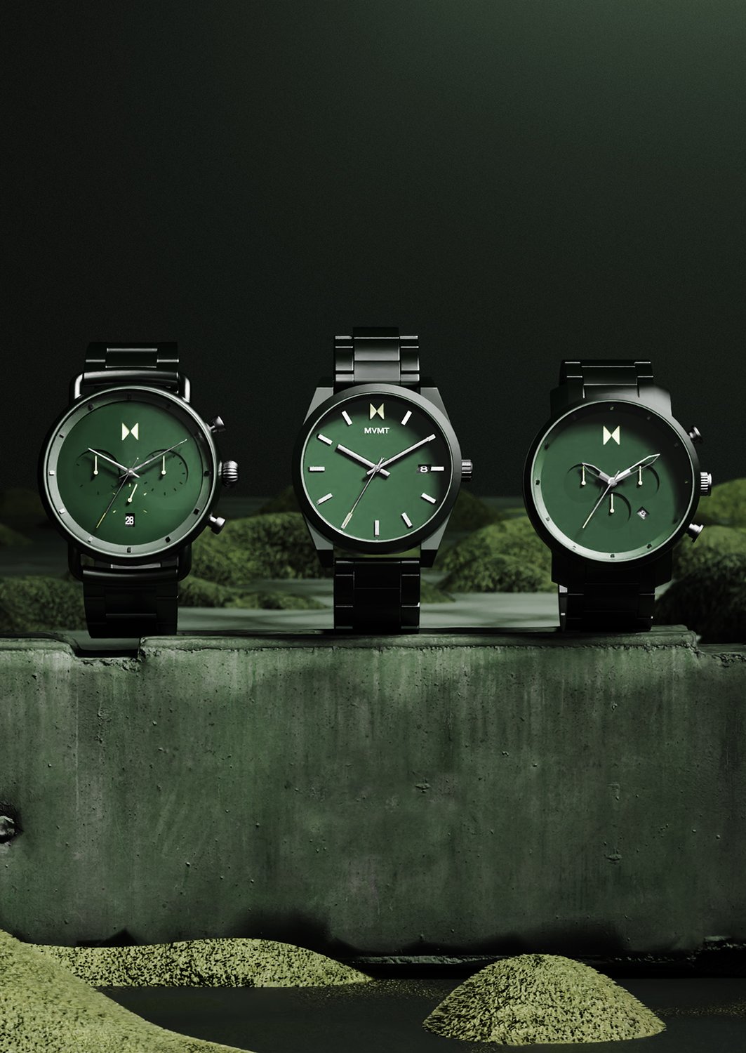 MVMT matte green ceramic chronograph watch