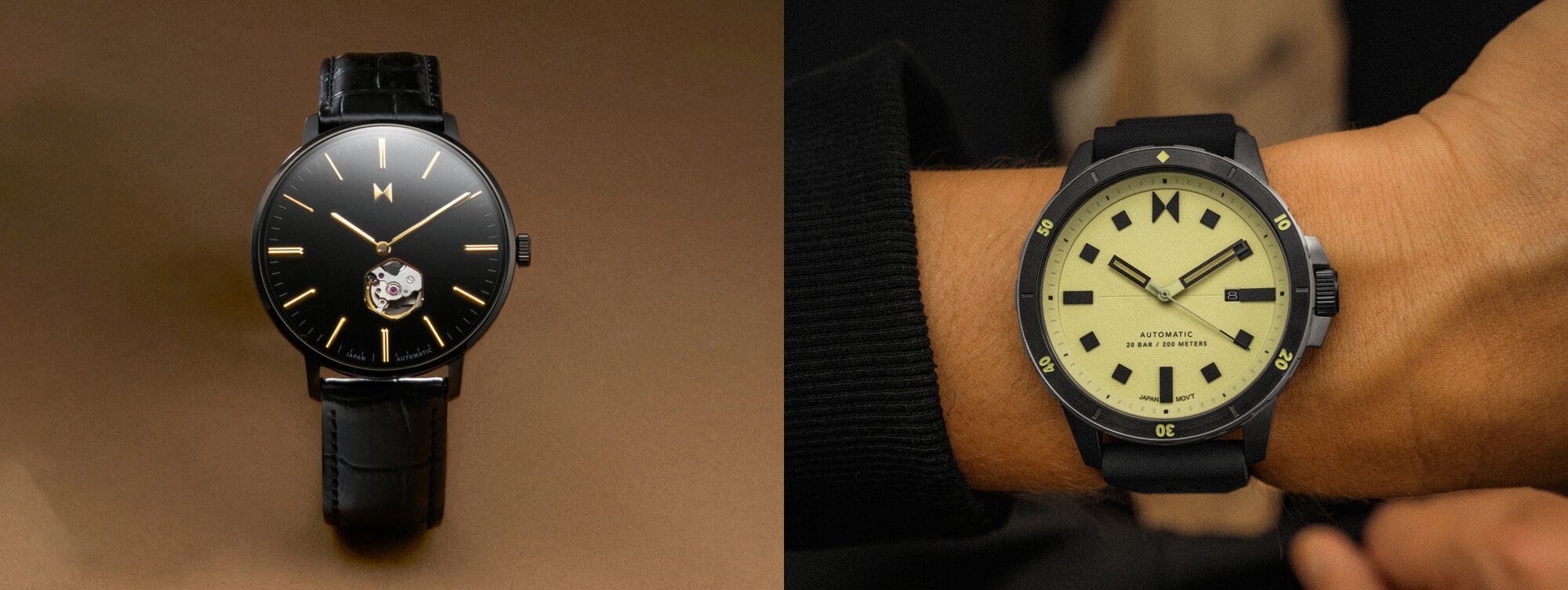 MVMT 3 watches - black watch watch underwater, white watch on wrist, black watch on hiker