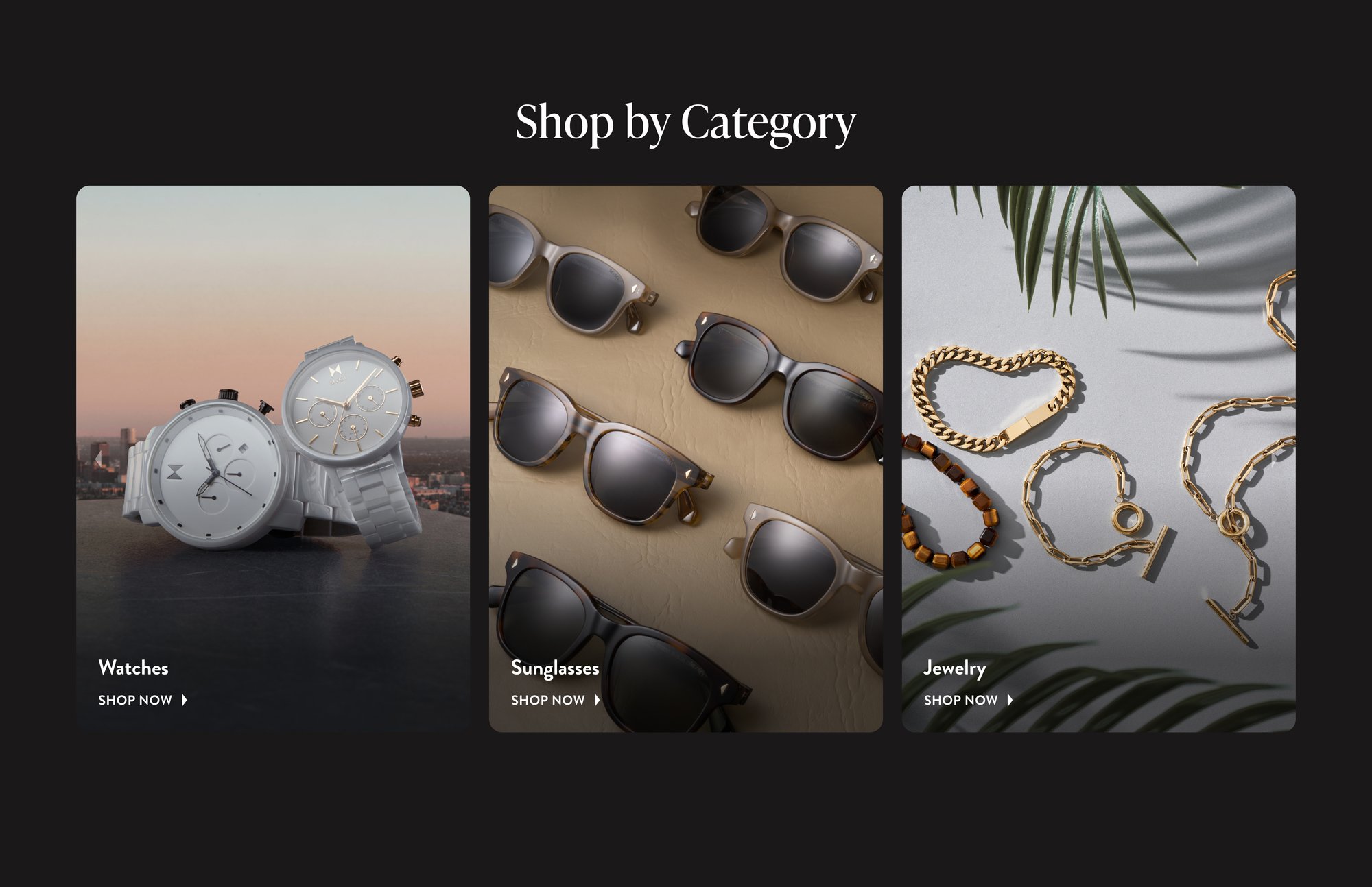 MVMT categories - watches, eyewear, and jewelry