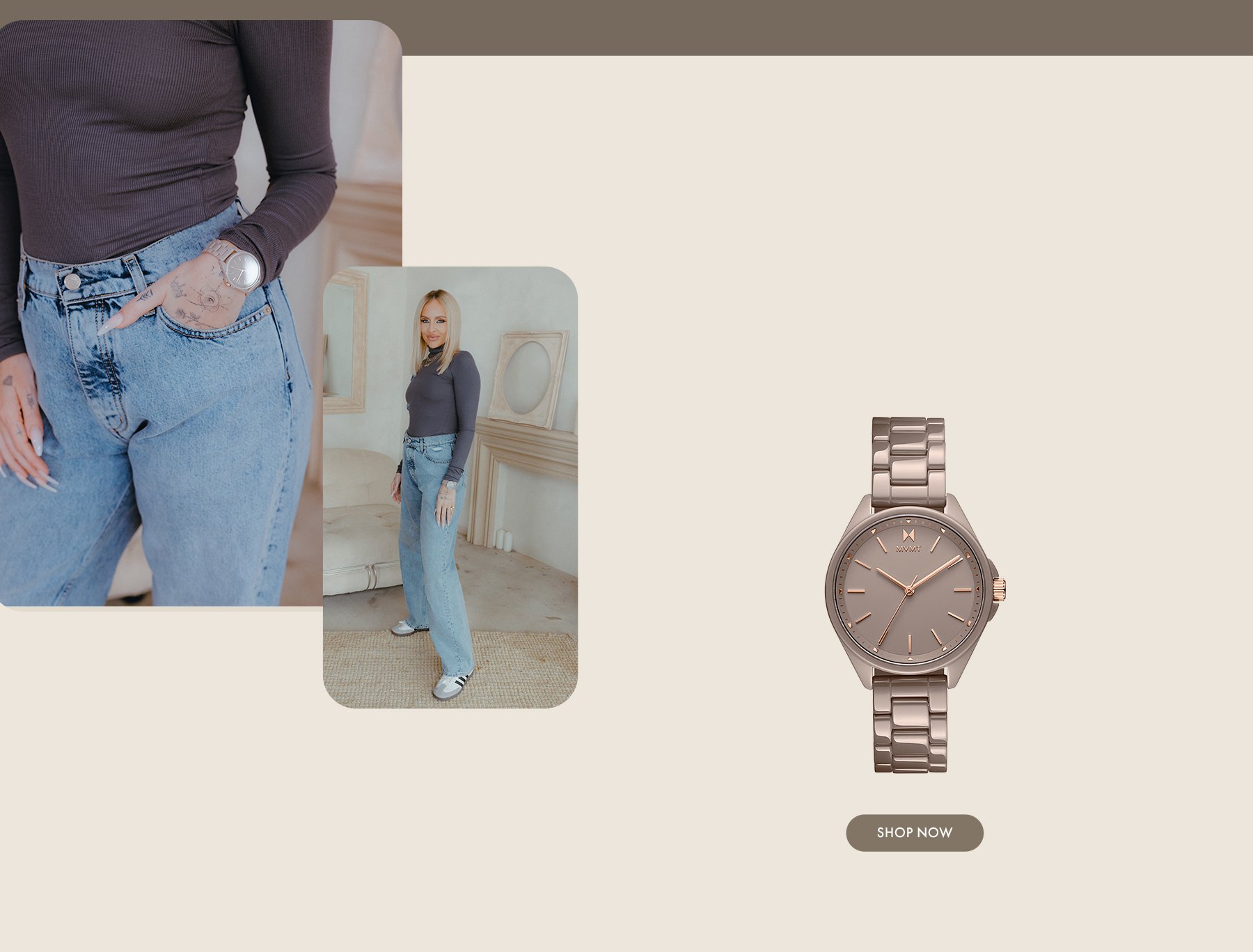 Maeve in grey top and blue jeans wearing MVMT cashmere taupe ceramic watch