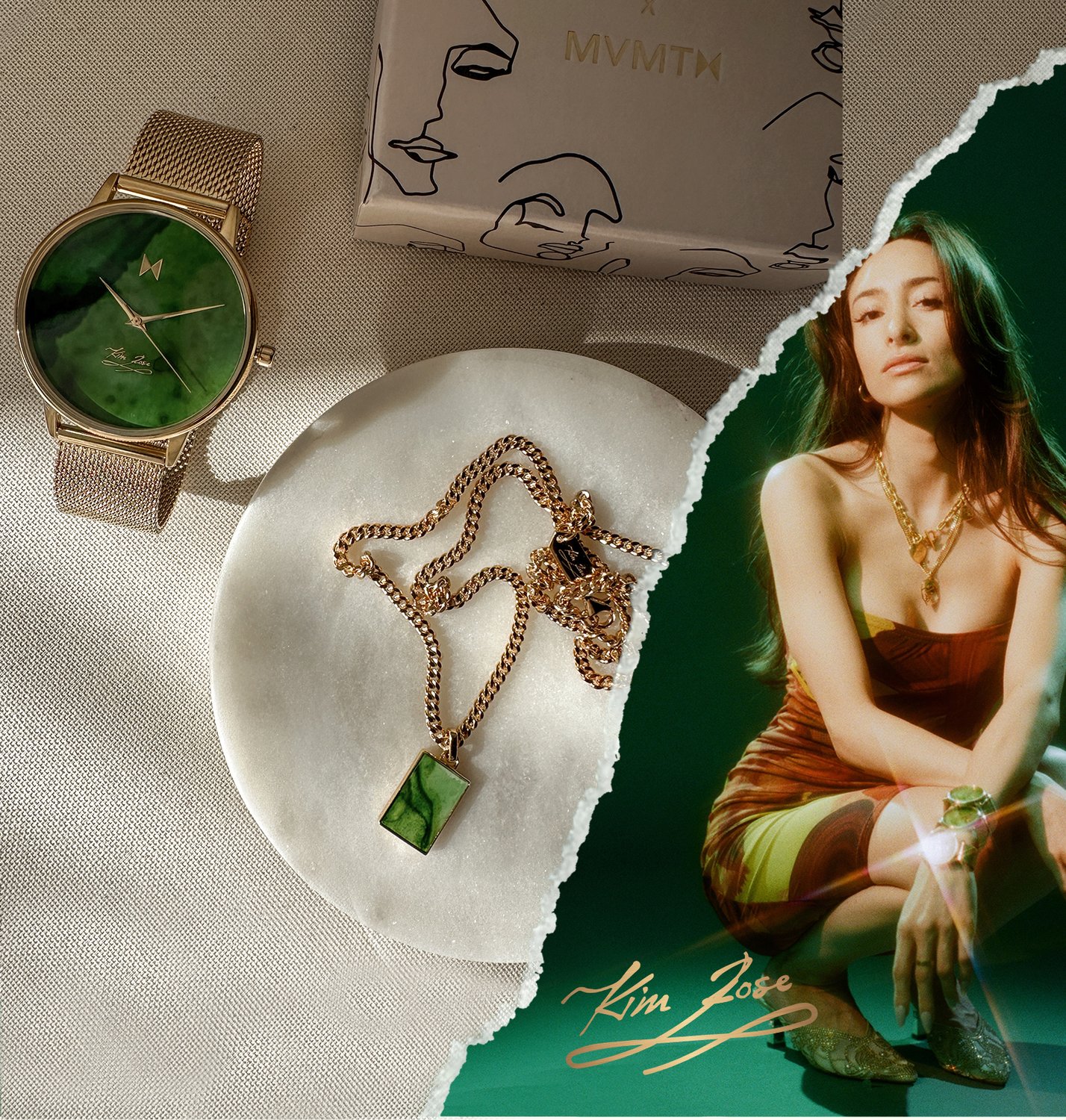 MVMT x Kim Rose watch and necklace with Kim Rose off to the side