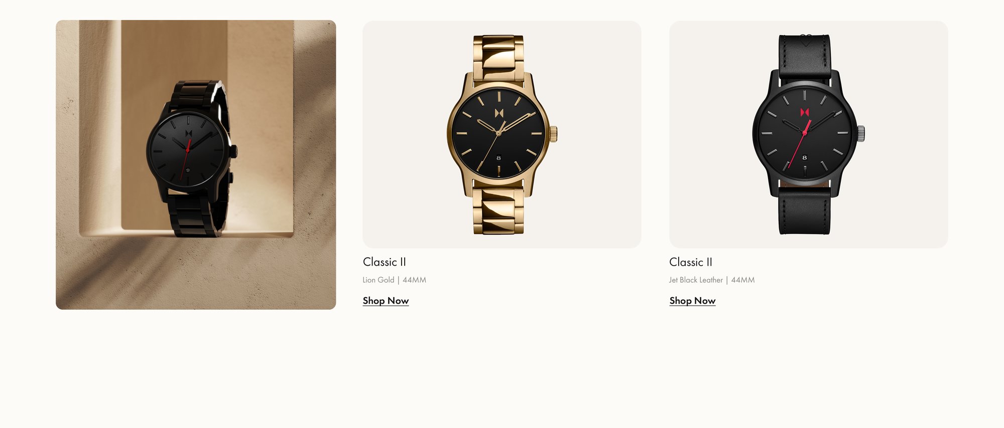 MVMT Classic II Watches in Lion Gold and Jet Black Leather