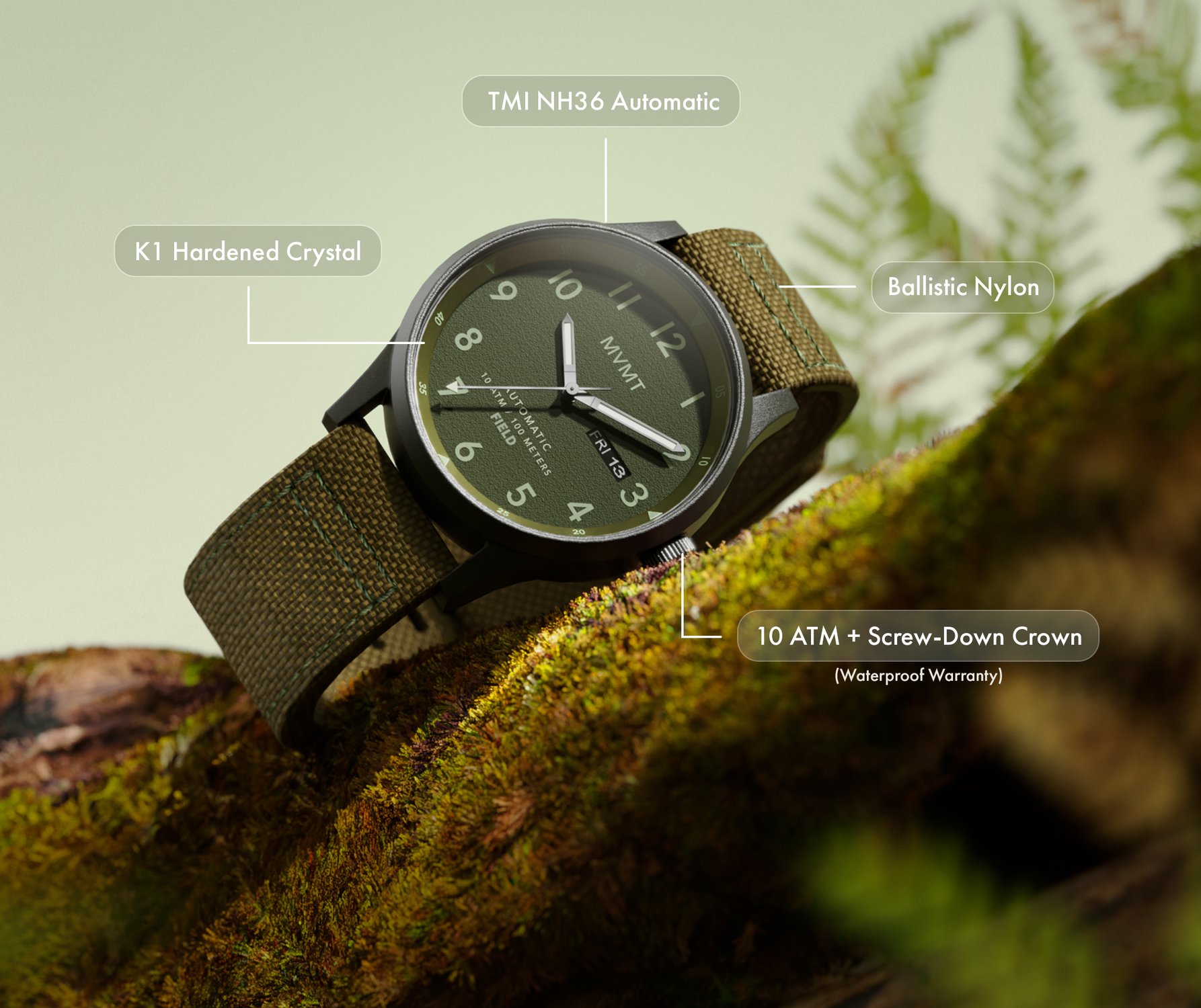 MVMT 2 field watches standing on a bed of moss