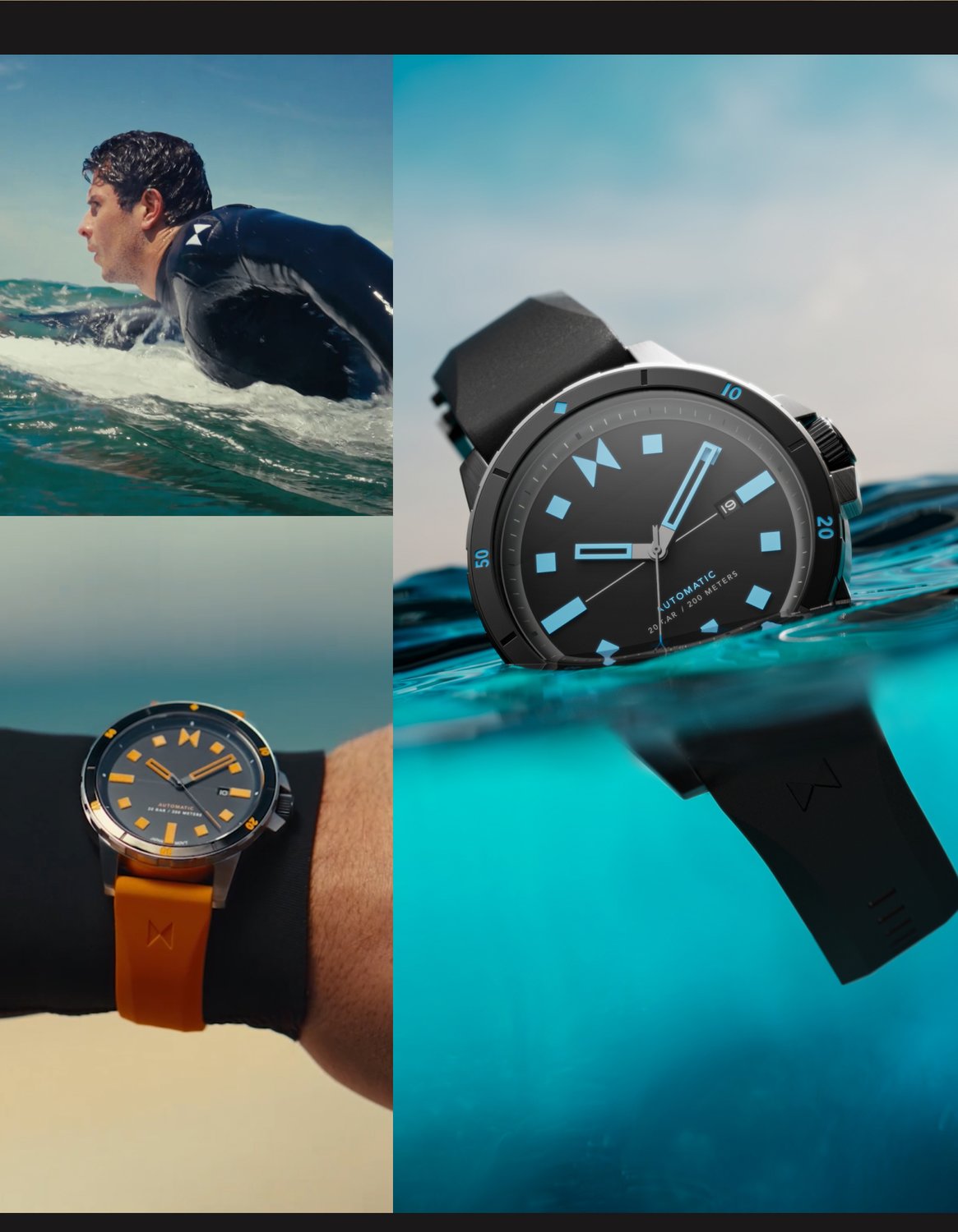MVMT Minimal sport watch on model, on wrist, in water