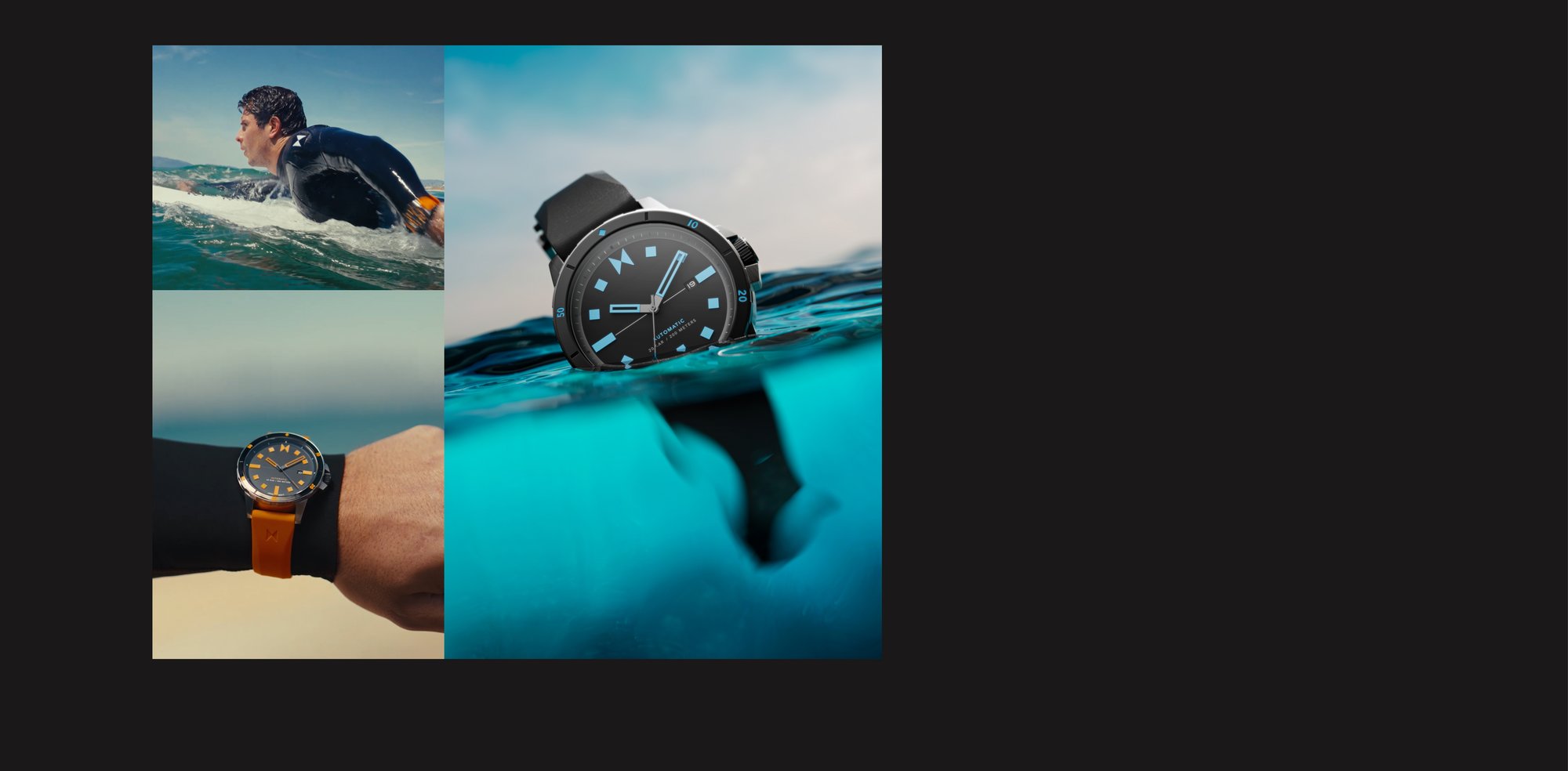 MVMT automatic watch in water, on wrist, and a swimmer